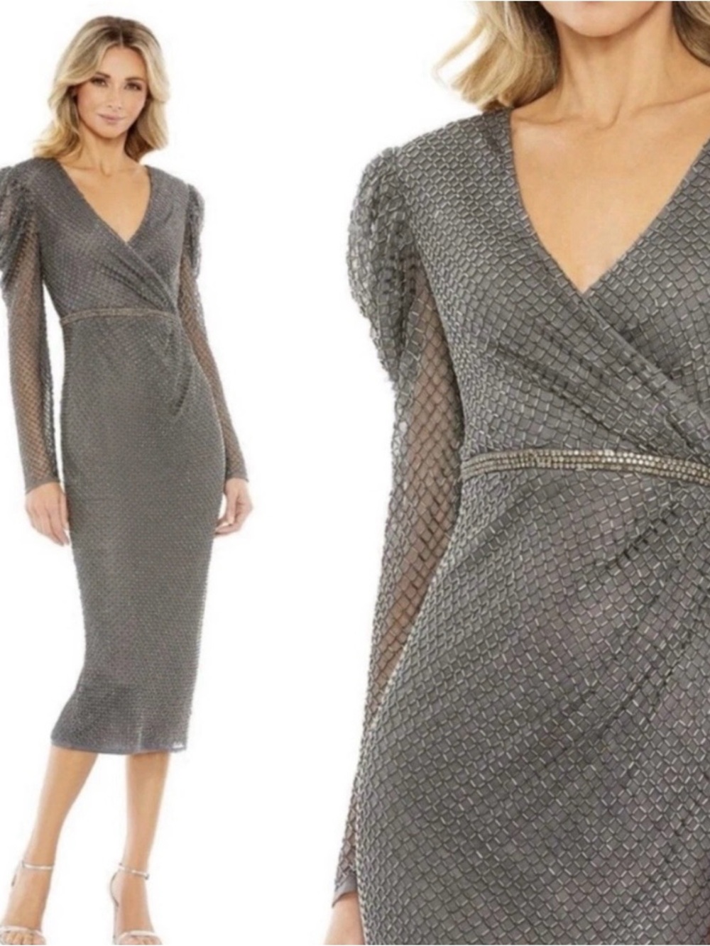 Mac Duggal 93674 Beaded Wrap Over Puff Long Sleeve Dress NWT Charcoal
Gray